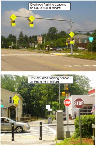 Two photos showing overhead and post-mounted flashing beacons on Routes 109 and 16 in Milford.